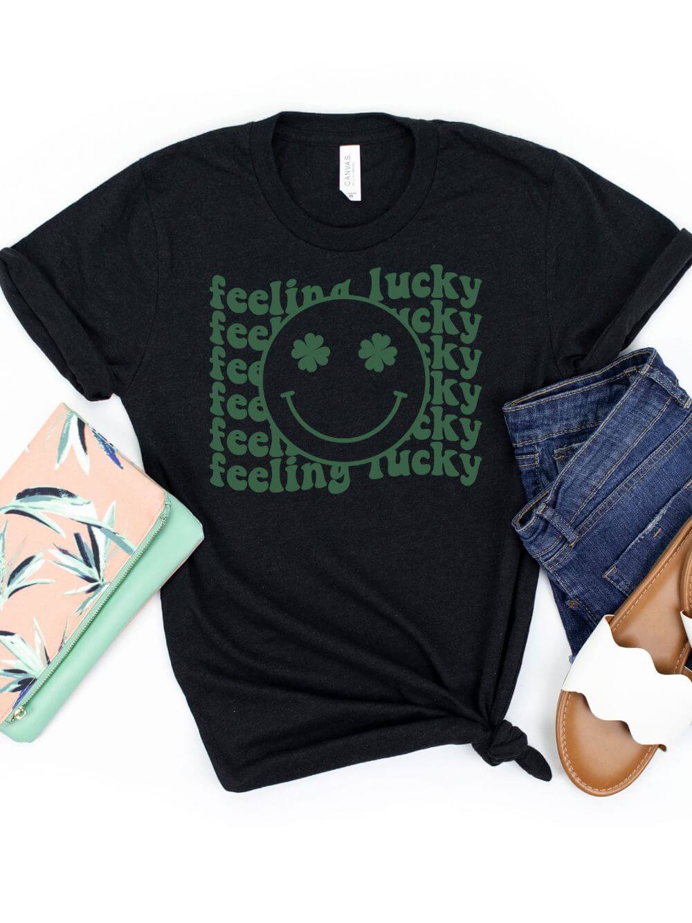 Feeling Lucky St. Patrick's Day Shamrock Smile Face T-Shirt Bella + Canvas Unisex Jersey Short Sleeve Tee - Sydney So Sweet