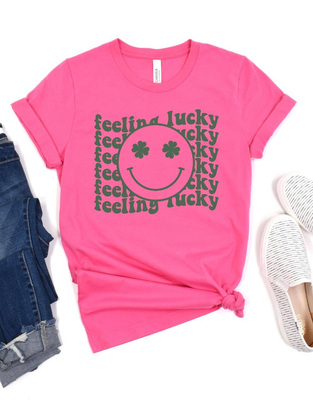 Feeling Lucky St. Patrick's Day Shamrock Smile Face T-Shirt Bella + Canvas Unisex Jersey Short Sleeve Tee - Sydney So Sweet