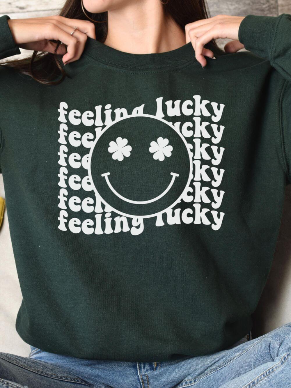 Feeling Lucky Smiley Face Shamrock St. Patrick&#39;s Day Unisex Heavy Blend™ Crewneck Sweatshirt - Many Colors - Sydney So Sweet