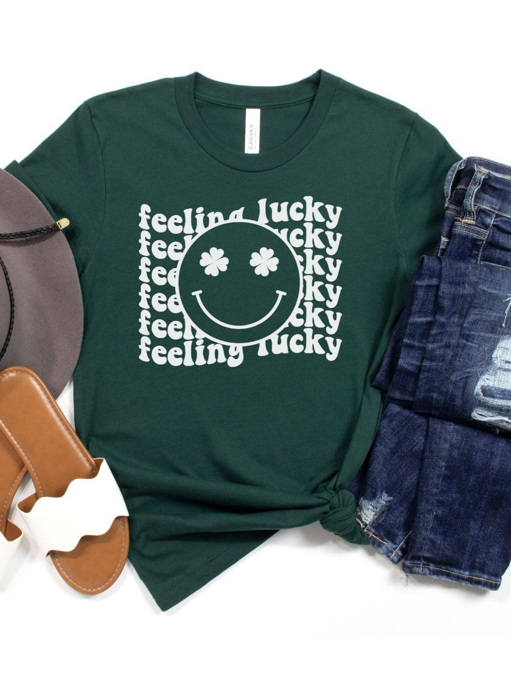 Feeling Lucky St. Patrick's Day Shamrock Smile Face T-Shirt Bella + Canvas Unisex Jersey Short Sleeve Tee - Sydney So Sweet