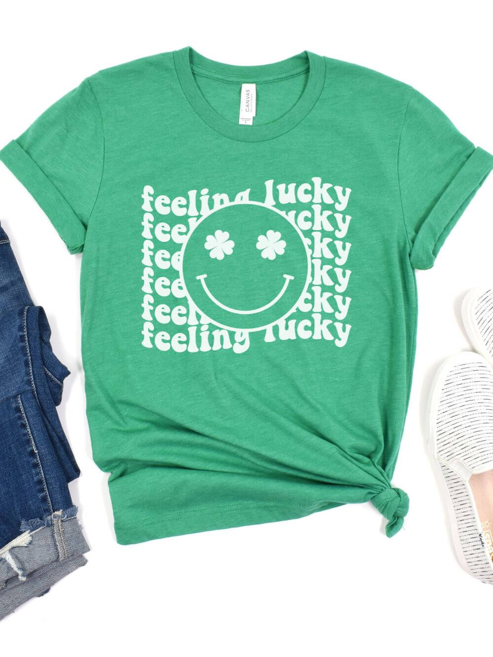 Feeling Lucky St. Patrick's Day Shamrock Smile Face T-Shirt Bella + Canvas Unisex Jersey Short Sleeve Tee - Sydney So Sweet