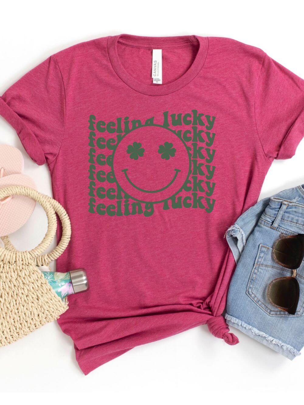 Feeling Lucky St. Patrick's Day Shamrock Smile Face T-Shirt Bella + Canvas Unisex Jersey Short Sleeve Tee - Sydney So Sweet