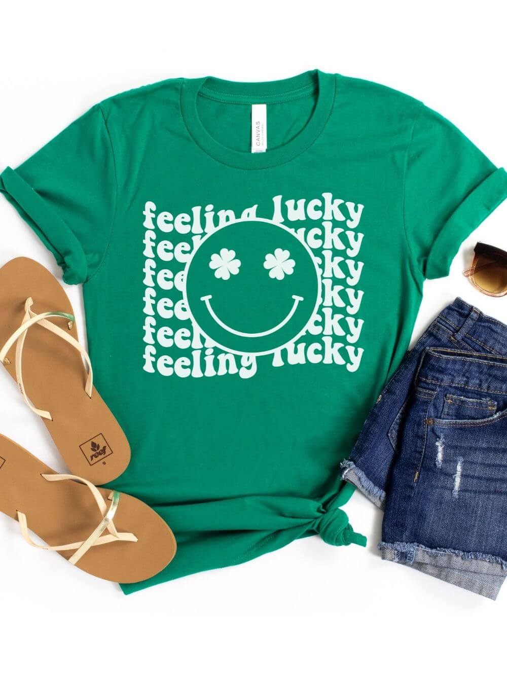 Feeling Lucky St. Patrick's Day Shamrock Smile Face T-Shirt Bella + Canvas Unisex Jersey Short Sleeve Tee - Sydney So Sweet