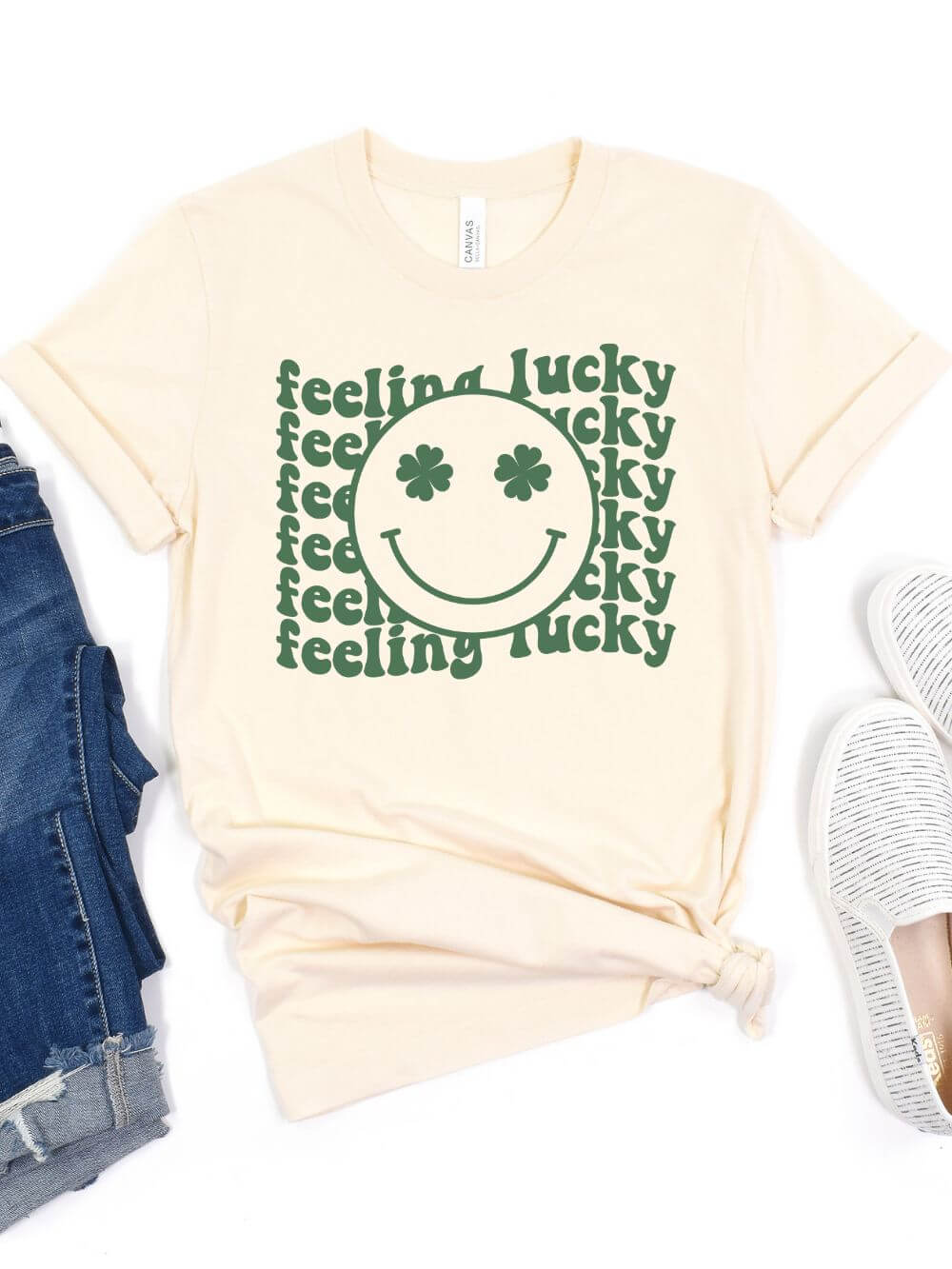 Feeling Lucky St. Patrick's Day Shamrock Smile Face T-Shirt Bella + Canvas Unisex Jersey Short Sleeve Tee - Sydney So Sweet