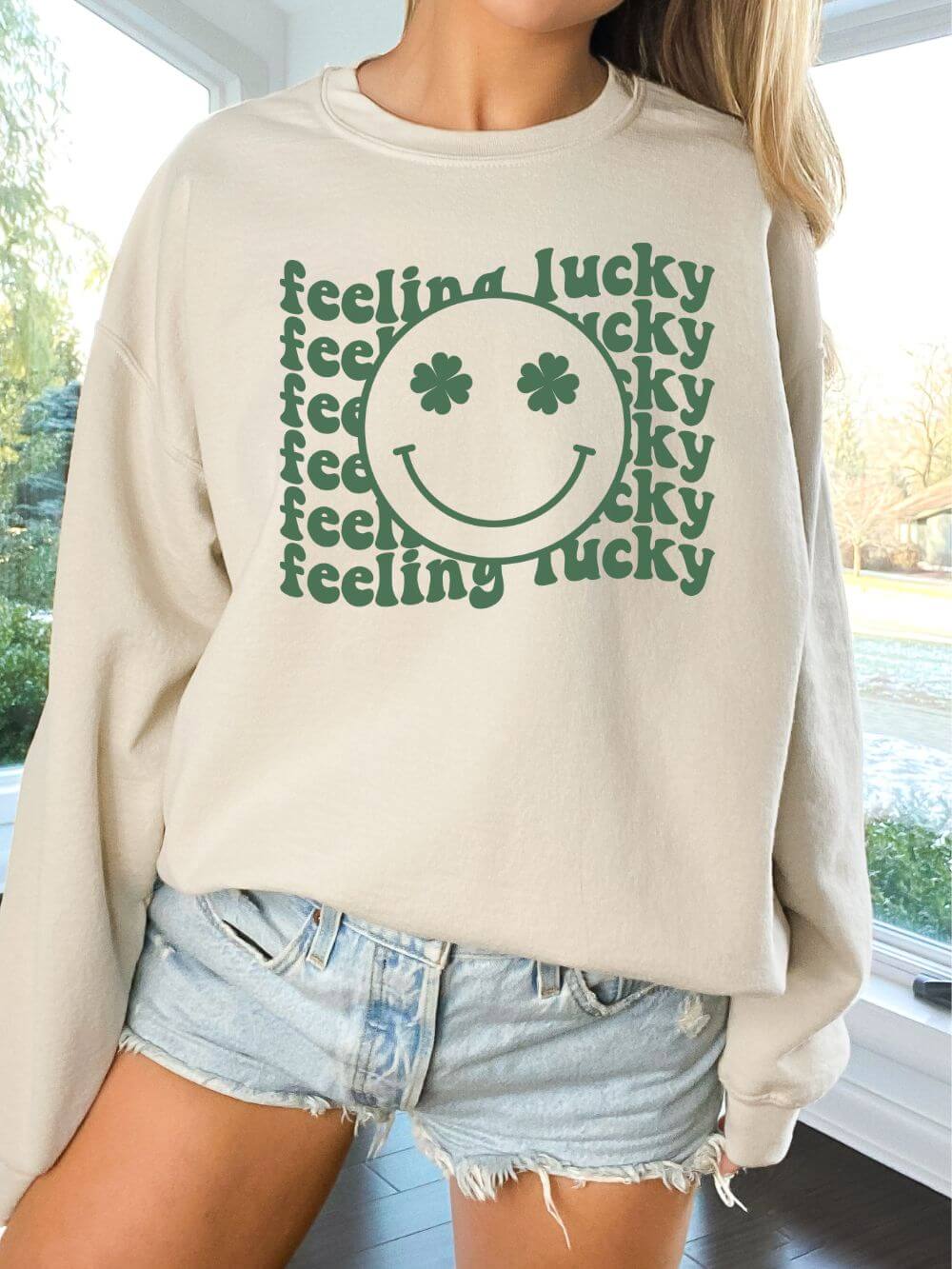 Feeling Lucky Smiley Face Shamrock St. Patrick's Day Unisex Heavy Blend™ Crewneck Sweatshirt - Many Colors - Sydney So Sweet