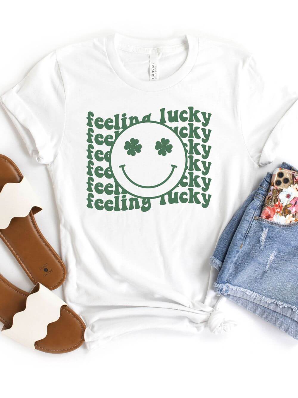 Feeling Lucky St. Patrick's Day Shamrock Smile Face T-Shirt Bella + Canvas Unisex Jersey Short Sleeve Tee - Sydney So Sweet