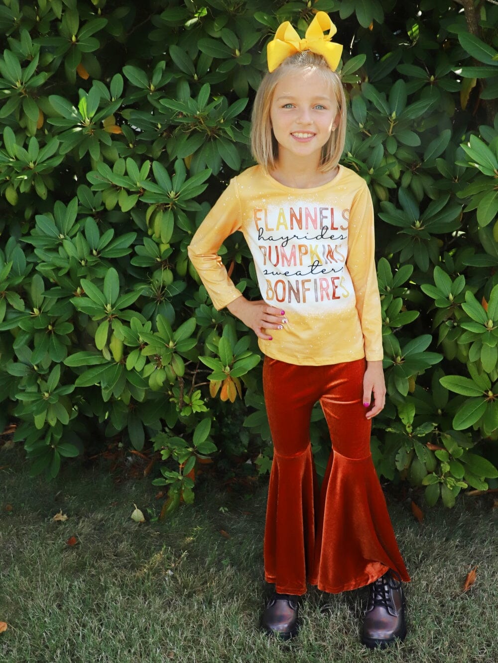 Flannels Pumpkins &amp; Bonfires Orange Velvet Bell Bottom Girls Fall Outfit - Sydney So Sweet