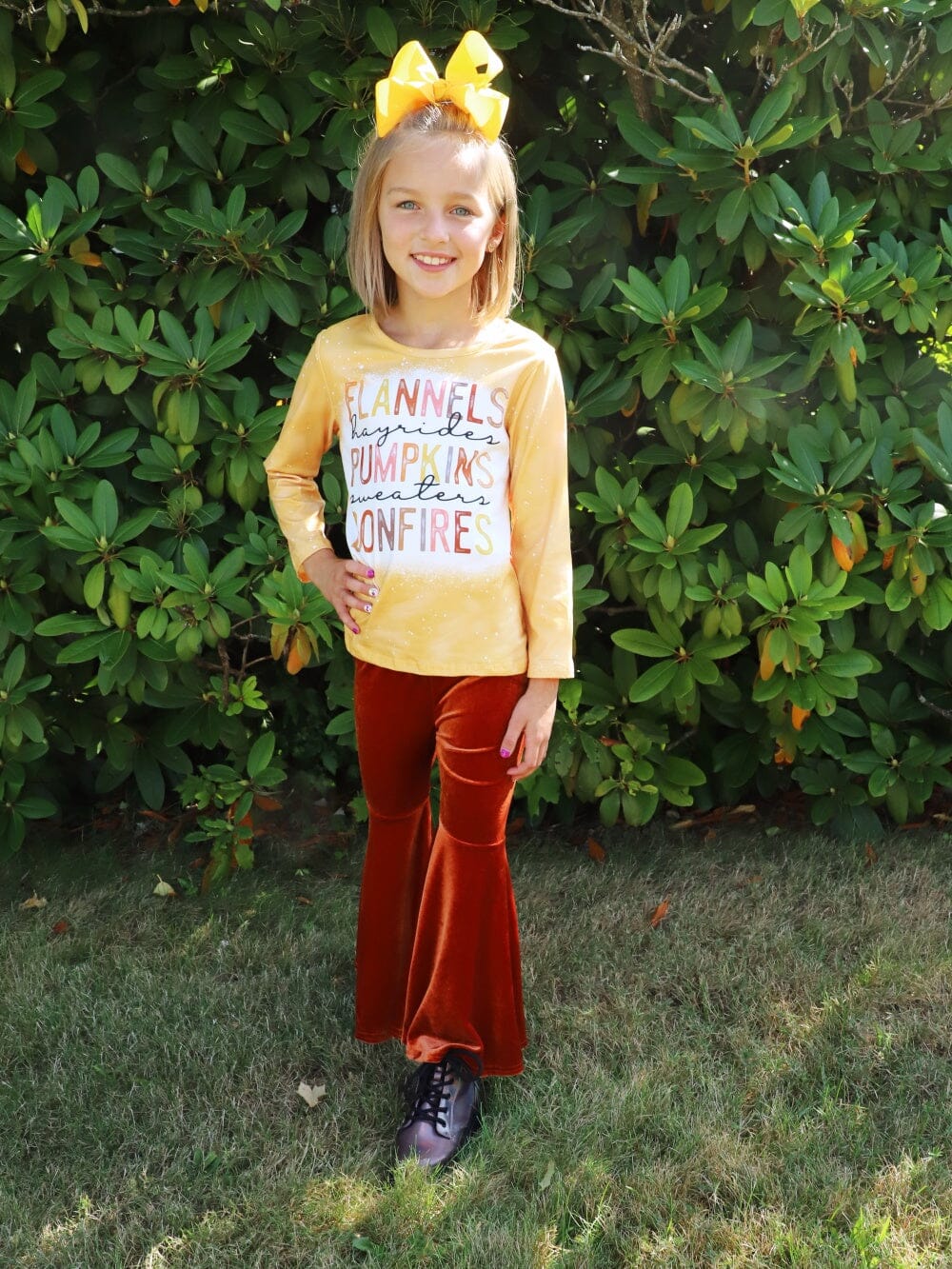 Flannels Pumpkins & Bonfires Orange Velvet Bell Bottom Girls Fall Outfit - Sydney So Sweet