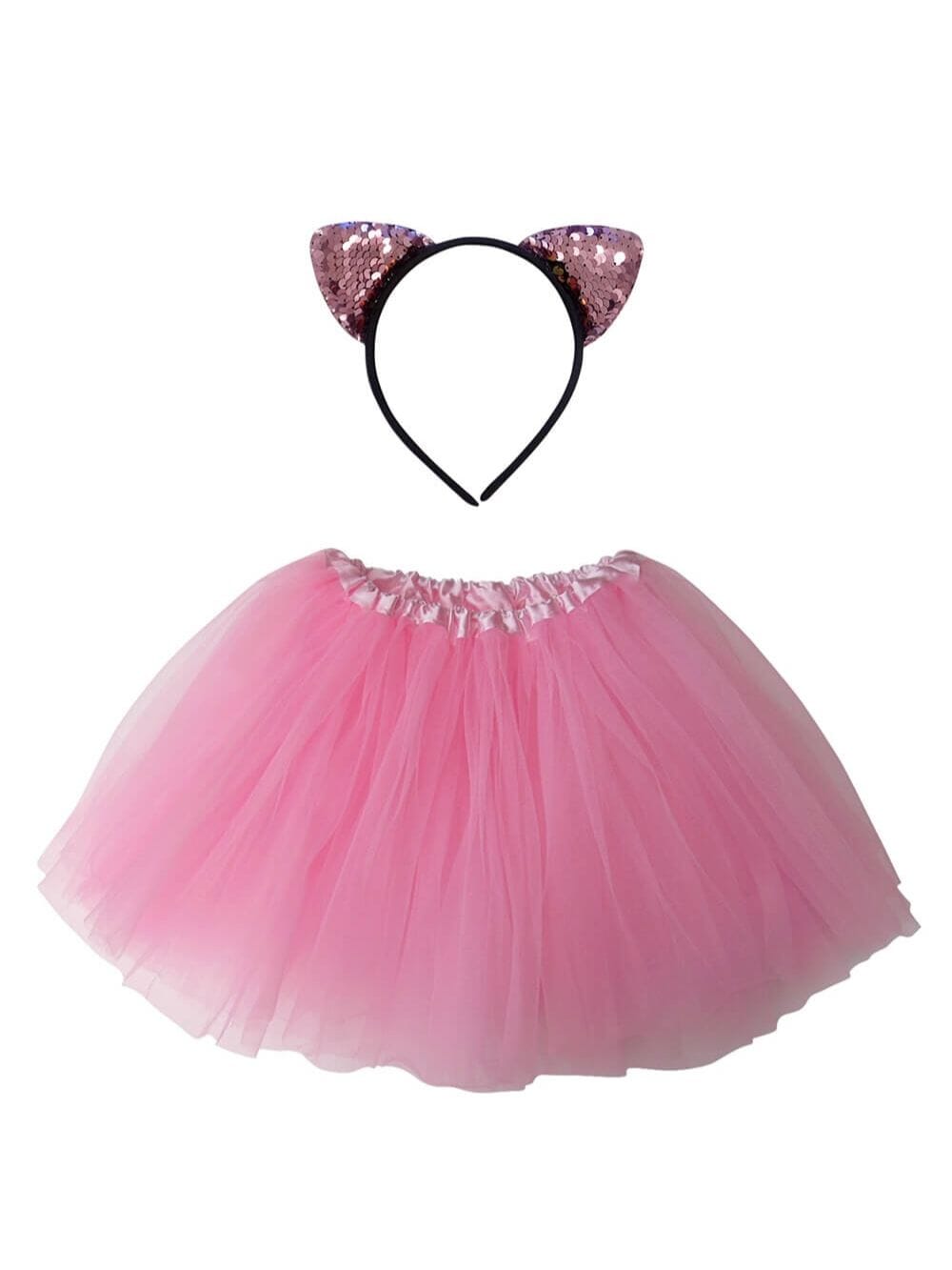 Adult Pink Cat Costume - Tutu Skirt & Flip Sequin Headband Set for Adult or Plus Size - Sydney So Sweet