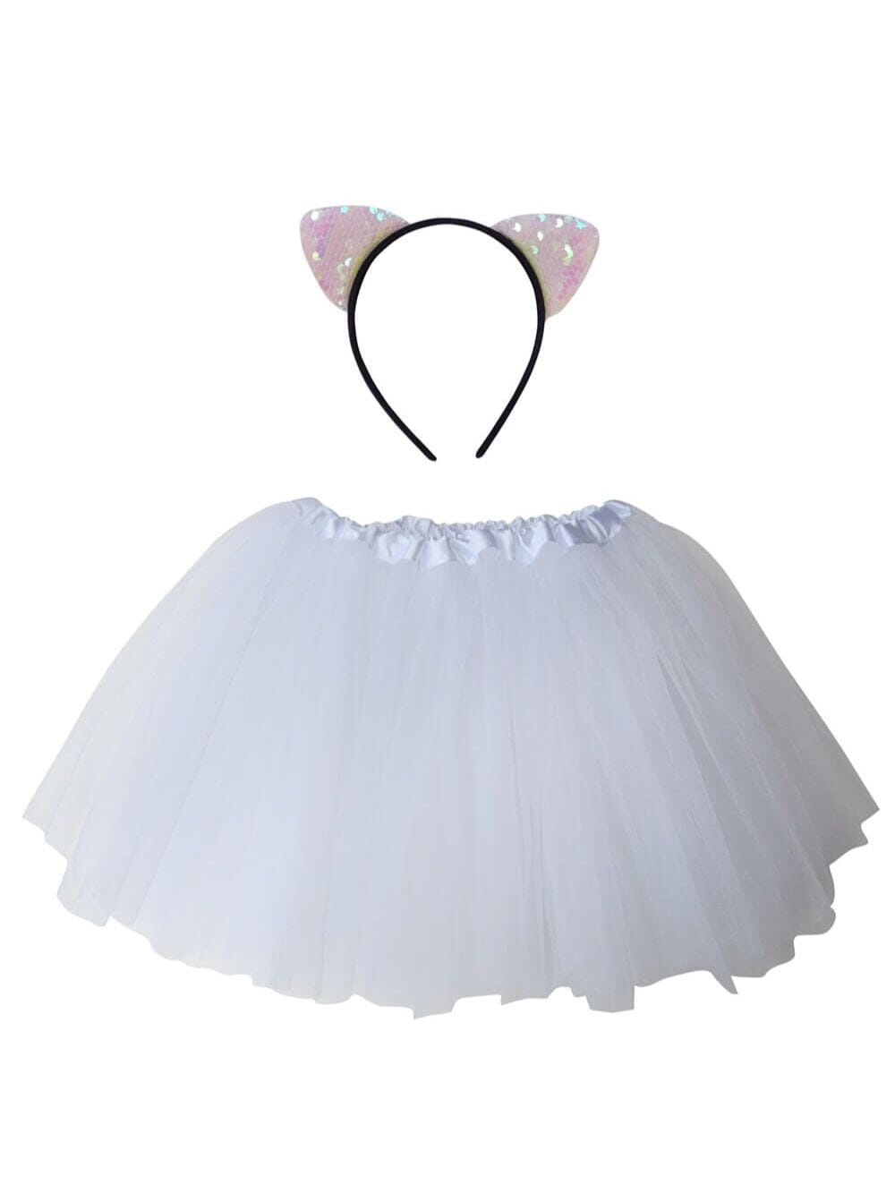 Girls Flip Sequin White Cat Tutu Costume Ears, Ships Fast
