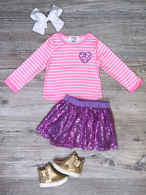 Follow Your Heart Pink Stripe Purple Sequin Girls Skirt Outfit - Sydney So Sweet