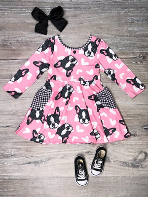 French Kiss Bulldog Pink Heart Pocket Girls Skater Dress - Sydney So Sweet