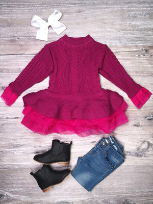 Fuchsia Pink Cable Knit Ruffle Tutu Girls Sweater Tunic - Sydney So Sweet