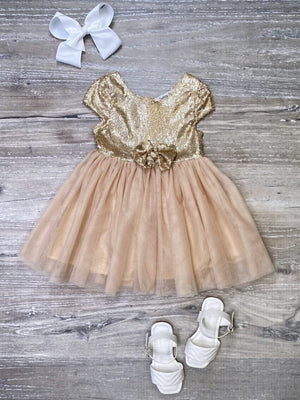 Golden Sequin Bow Tulle Fancy or Special Occasion Girls Tutu Dress - Sydney So Sweet