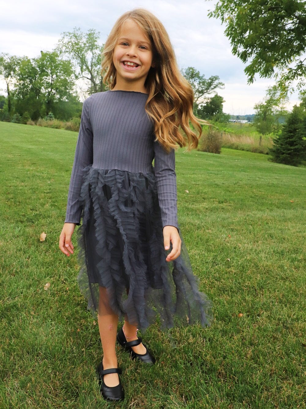 Dark Gray Ribbed Knit Frill Chiffon Girls Boutique Dress