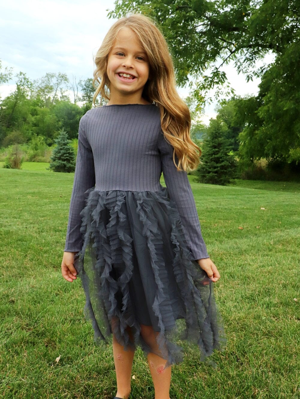 Dark Gray Ribbed Knit Frill Chiffon Girls Boutique Dress - Sydney So Sweet