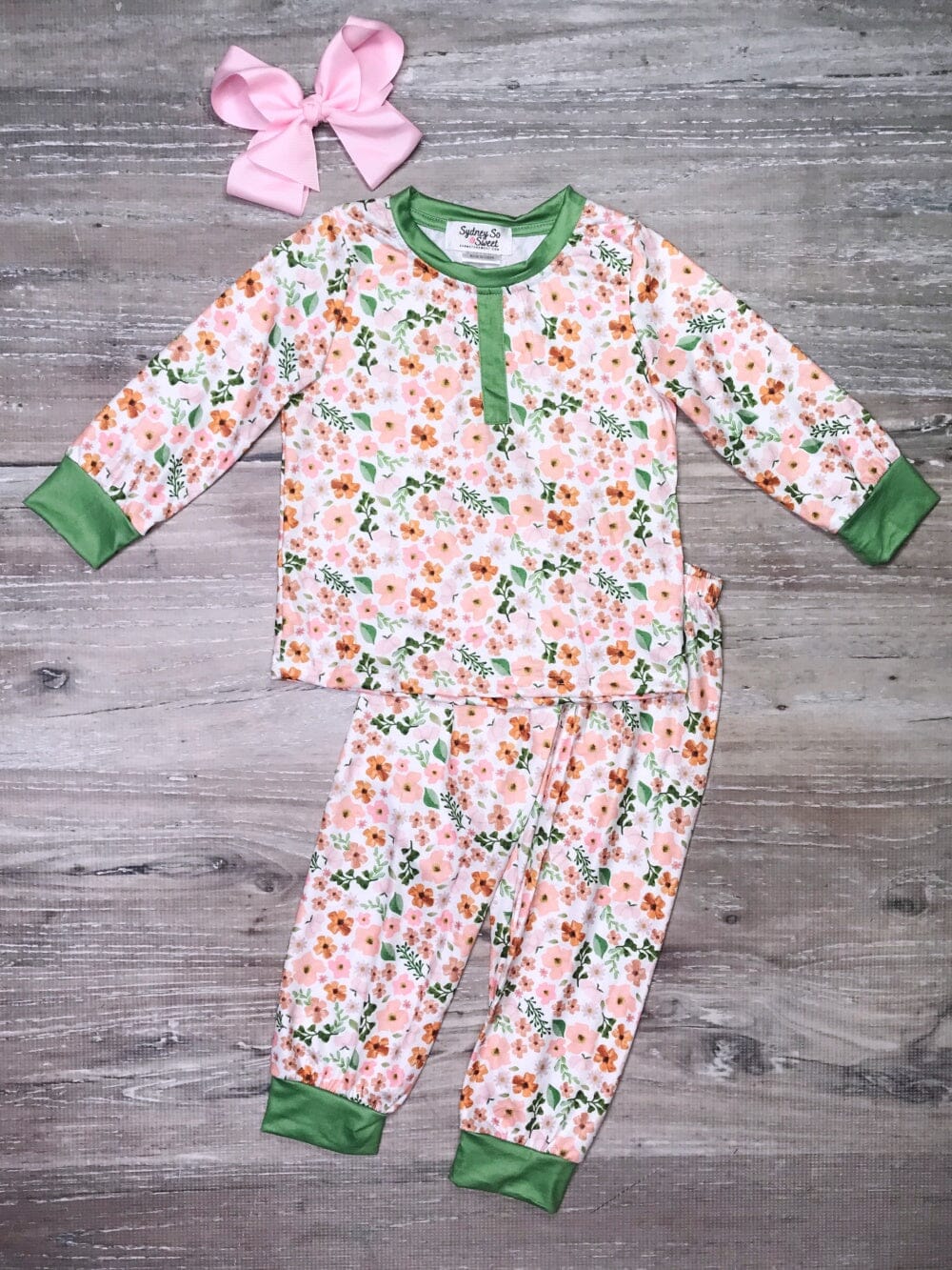 Green & Pink Ditsy Floral Girls Long Sleeve Pajamas - Sydney So Sweet