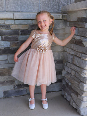 Golden Sequin Bow Tulle Fancy or Special Occasion Girls Tutu Dress - Sydney So Sweet