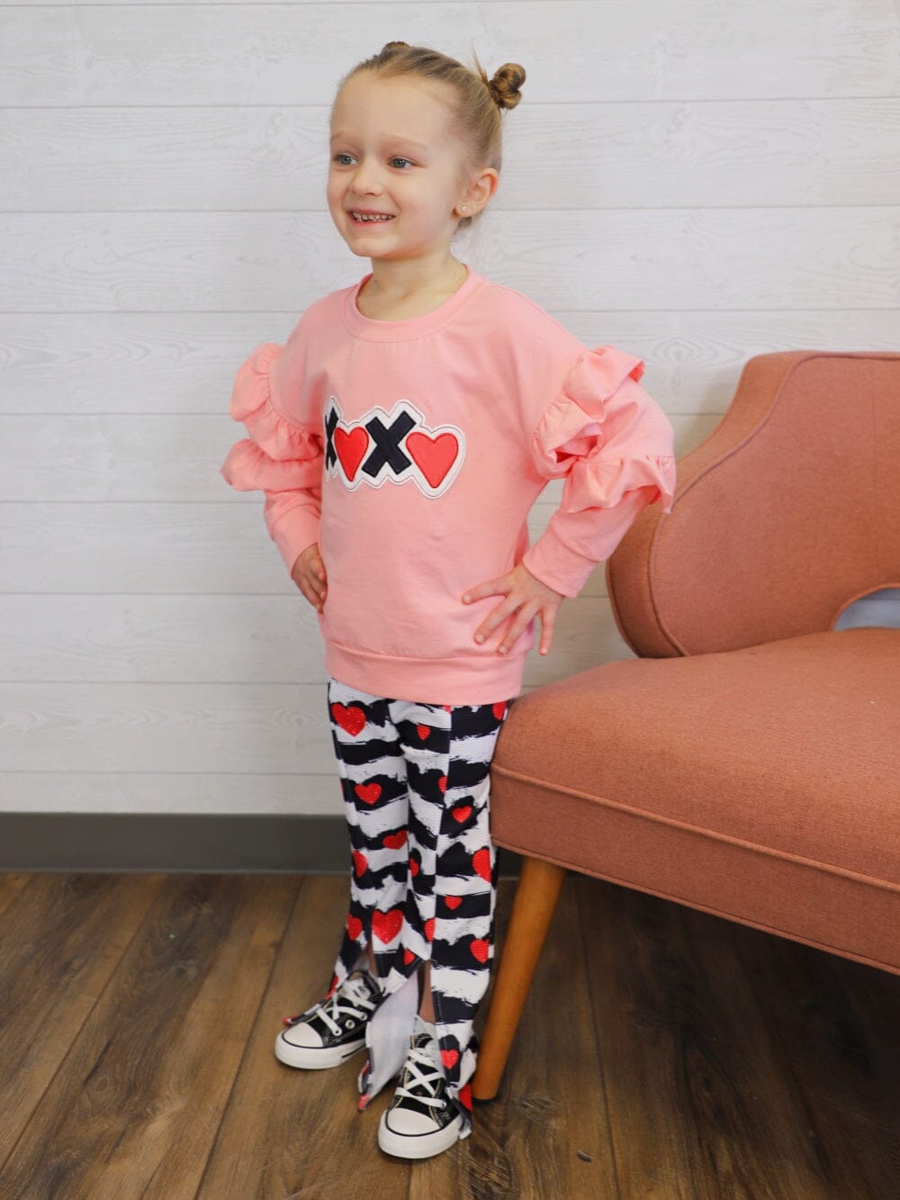 XOXO Falling In Love Pink Ruffle Bell Bottom Girls Valentine's Day Outfit - Sydney So Sweet