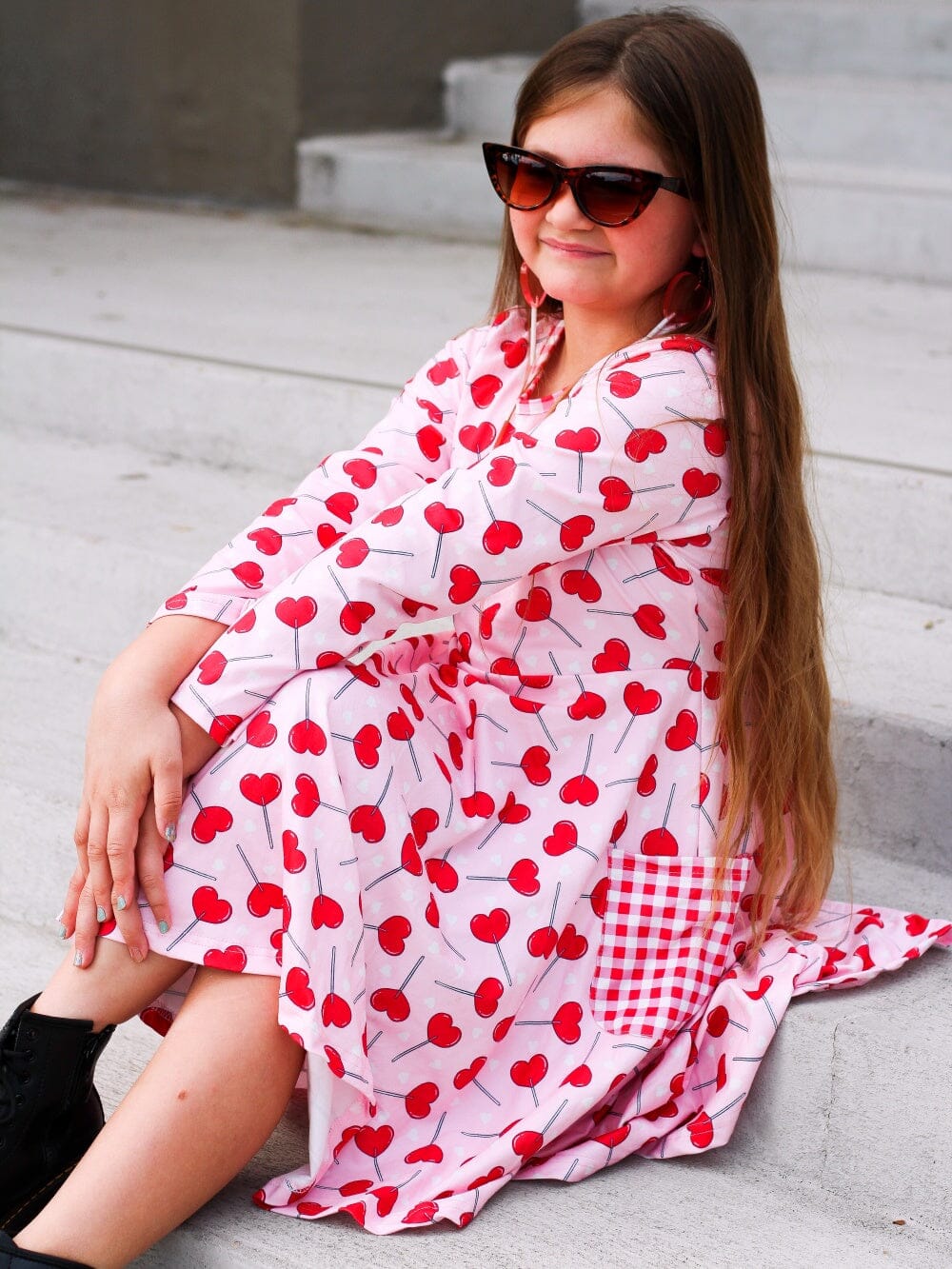 Heart Sucker For You Gingham Pocket Pink Girls Skater Dress - Sydney So Sweet