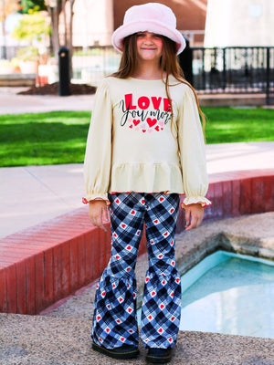 Love You More Plaid Heart Bell Bottom Girls Outfit - Sydney So Sweet