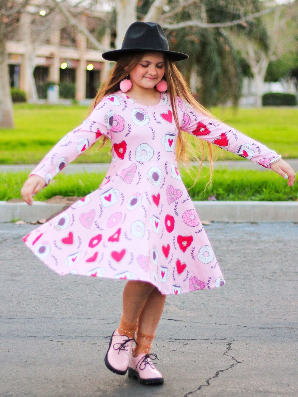 Sip Of Love Coffee & Donut Hearts Pink Girls Skater Dress - Sydney So Sweet