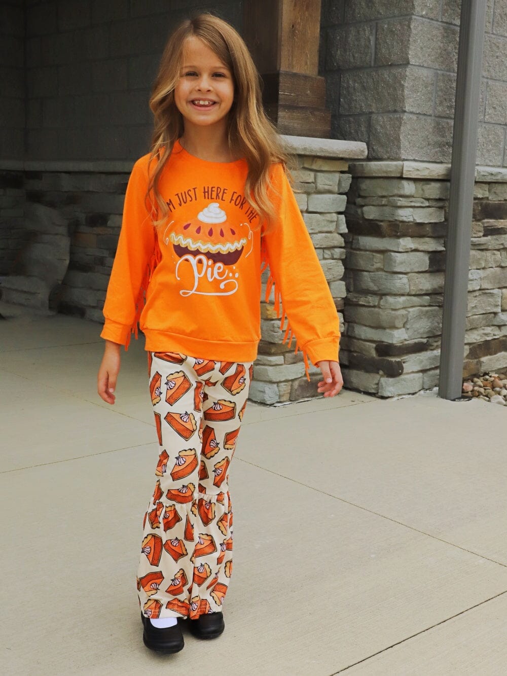 Just Here For The Pie Pumpkin Orange Fringe Girls Fall Bell Bottom Outfit - Sydney So Sweet