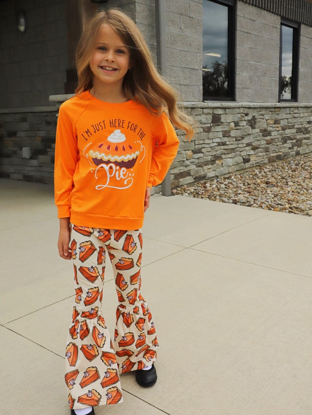 Just Here For The Pie Pumpkin Orange Fringe Girls Fall Bell Bottom Outfit - Sydney So Sweet