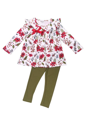 Holiday Holly Floral Green Long Sleeve Ruffle Girls Winter Outfit - Sydney So Sweet