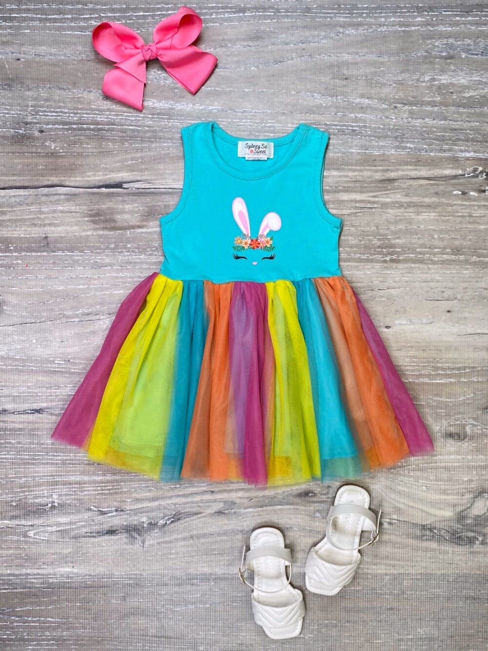 Honey Bunny Blue Rainbow Tulle Chiffon Girls Easter Tutu Dress - Sydney So Sweet