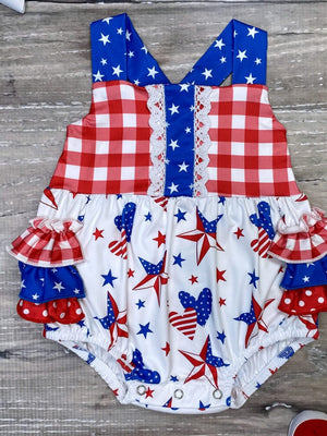 Hooray For The USA Red White & Blue Stars 4th Of July Baby Girls Romper - Sydney So Sweet