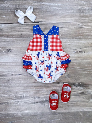 Hooray For The USA Red White & Blue Stars 4th Of July Baby Girls Romper - Sydney So Sweet
