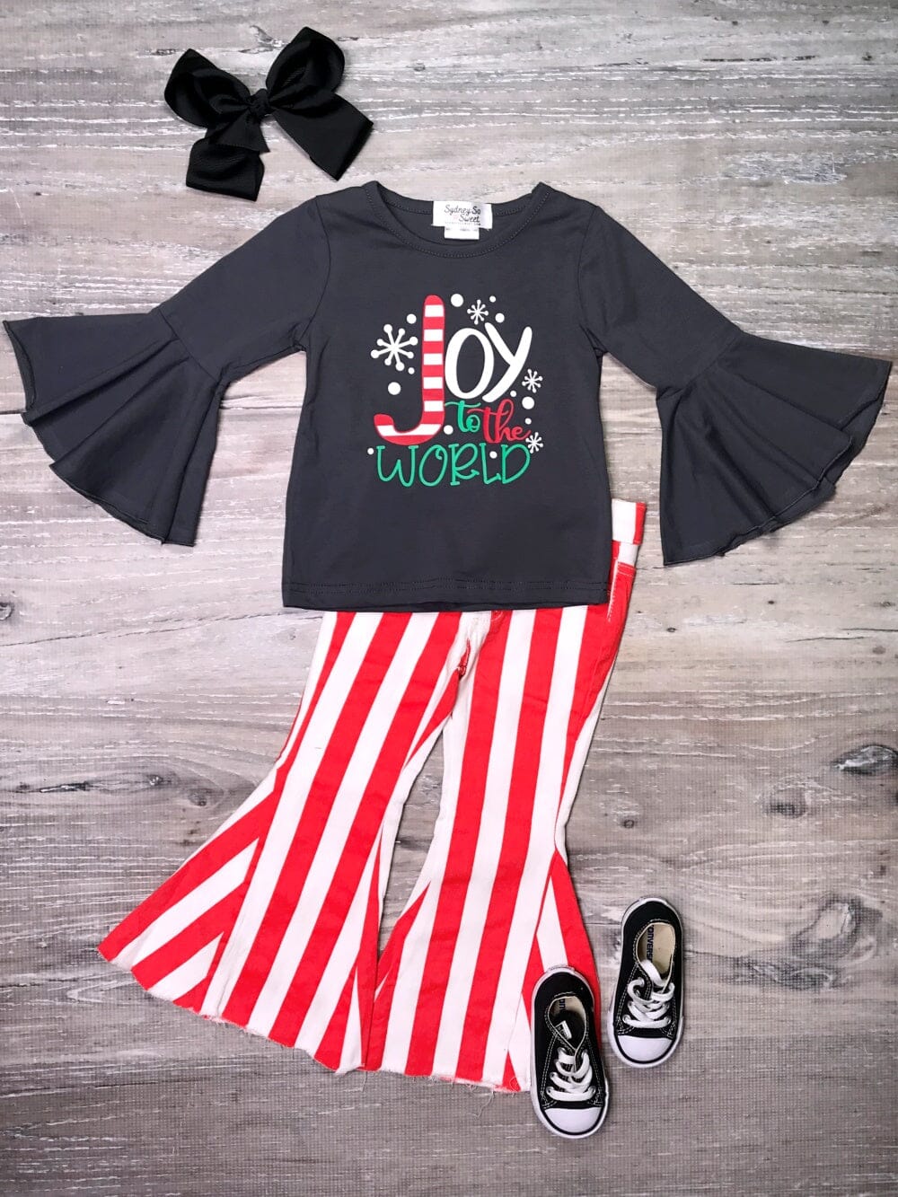 Joy To The World Red Holiday Stripe Denim Bell Bottom Girls Outfit - Sydney So Sweet