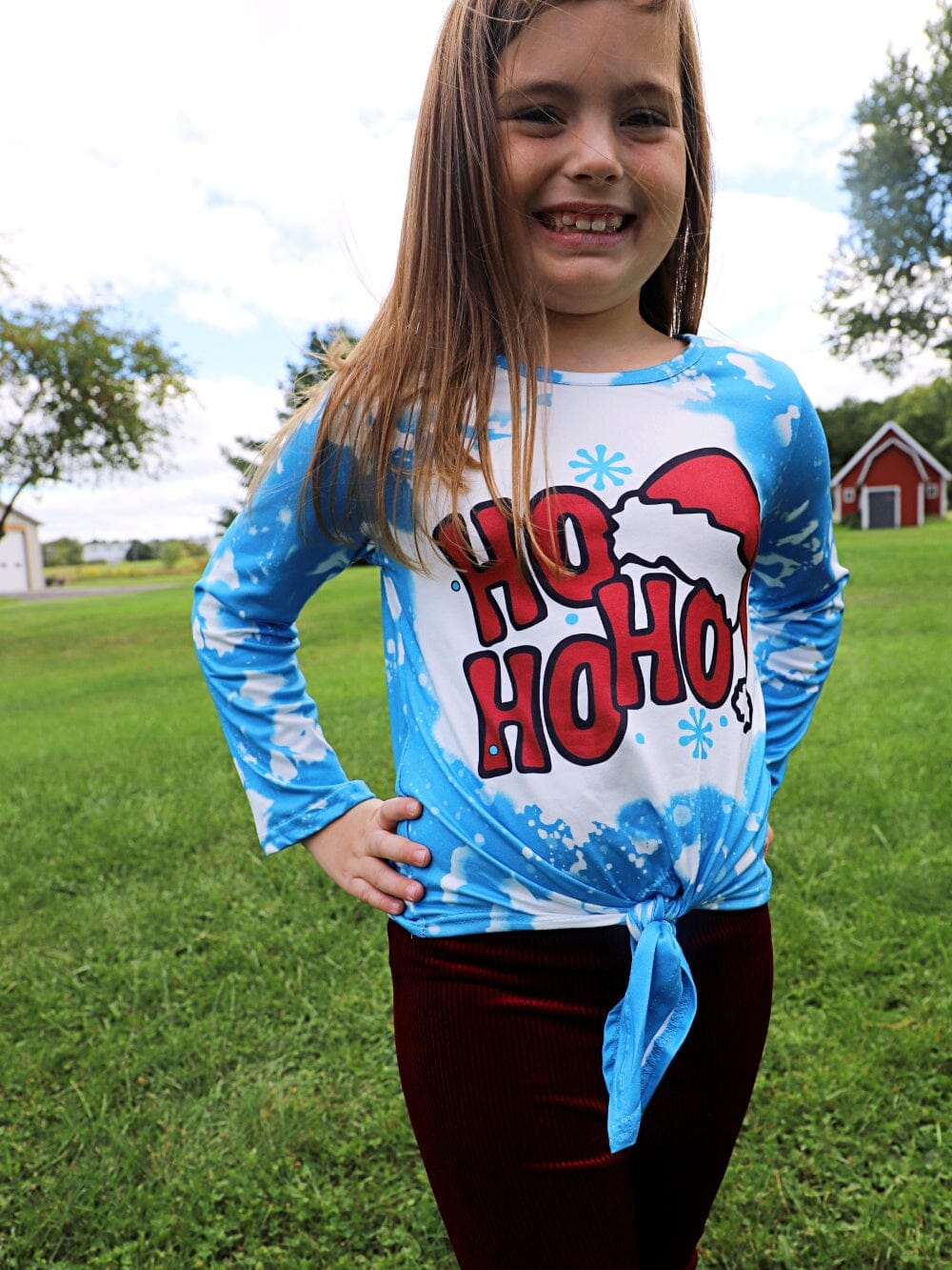 Ho Ho Ho Burgundy & Blue Acid Wash Girls Christmas Santa Bell Bottom Outfit - Sydney So Sweet