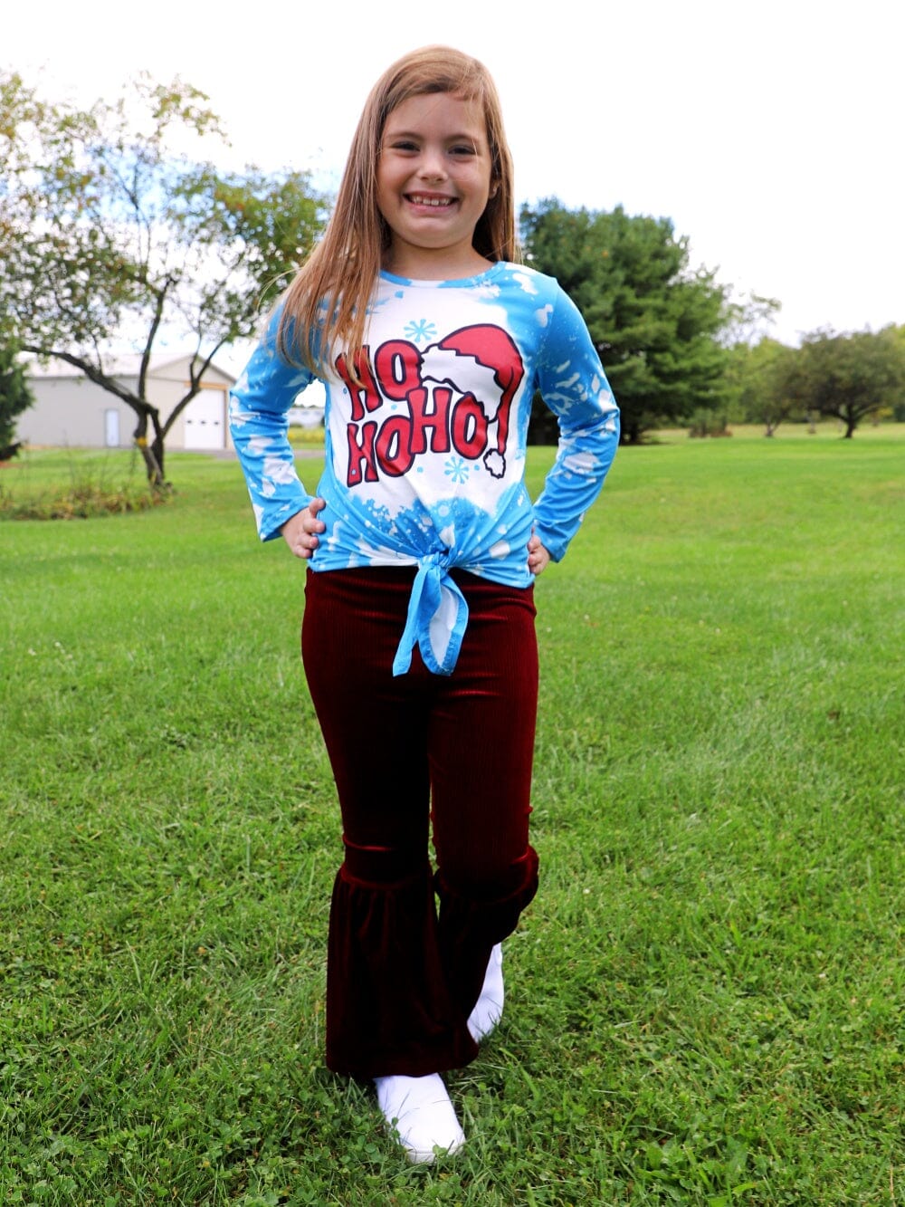 Ho Ho Ho Burgundy & Blue Acid Wash Girls Christmas Santa Bell Bottom Outfit - Sydney So Sweet