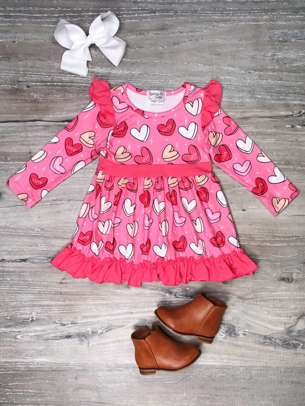 Love You Cute Candy Hearts Pink Ruffle Girls Valentine&#39;s Day Dress - Sydney So Sweet