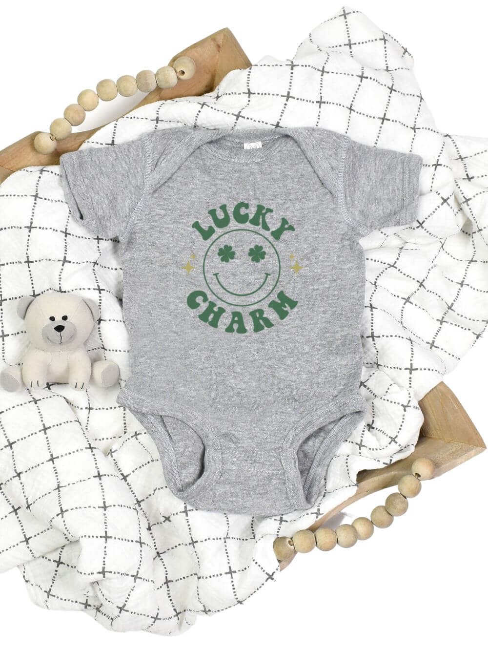 Lucky Charm Smile Face Infant Baby Short Sleeve St. Patrick&#39;s Day Rabbit Skins Bodysuit - Sydney So Sweet