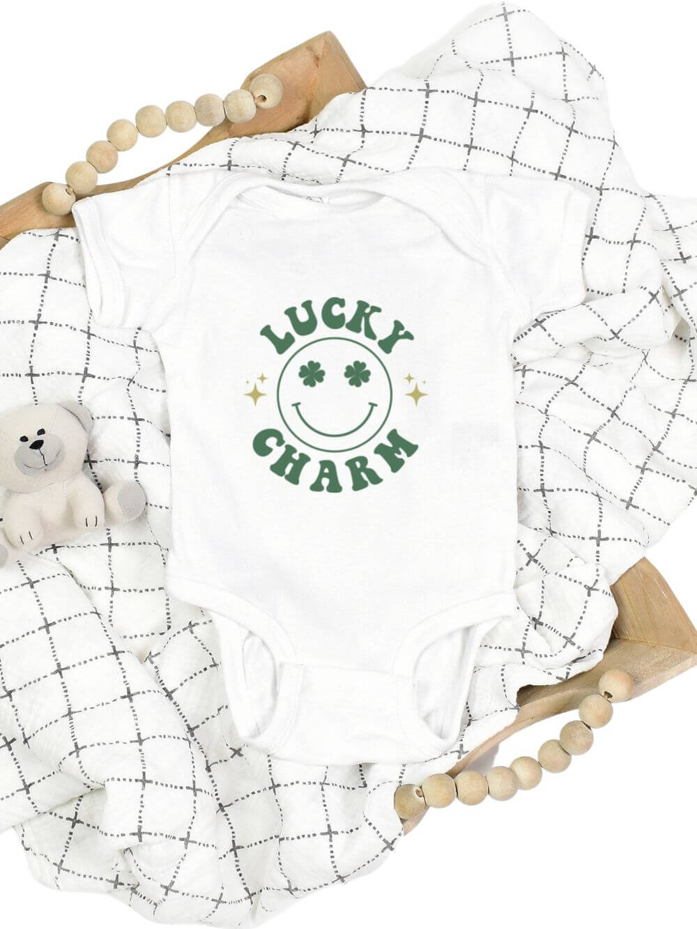 Lucky Charm Smile Face Infant Baby Short Sleeve St. Patrick's Day Rabbit Skins Bodysuit - Sydney So Sweet