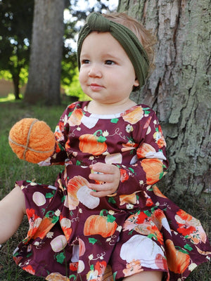 Pumpkins Please Burgundy Long Sleeve Girls Fall Skater Dress - Sydney So Sweet