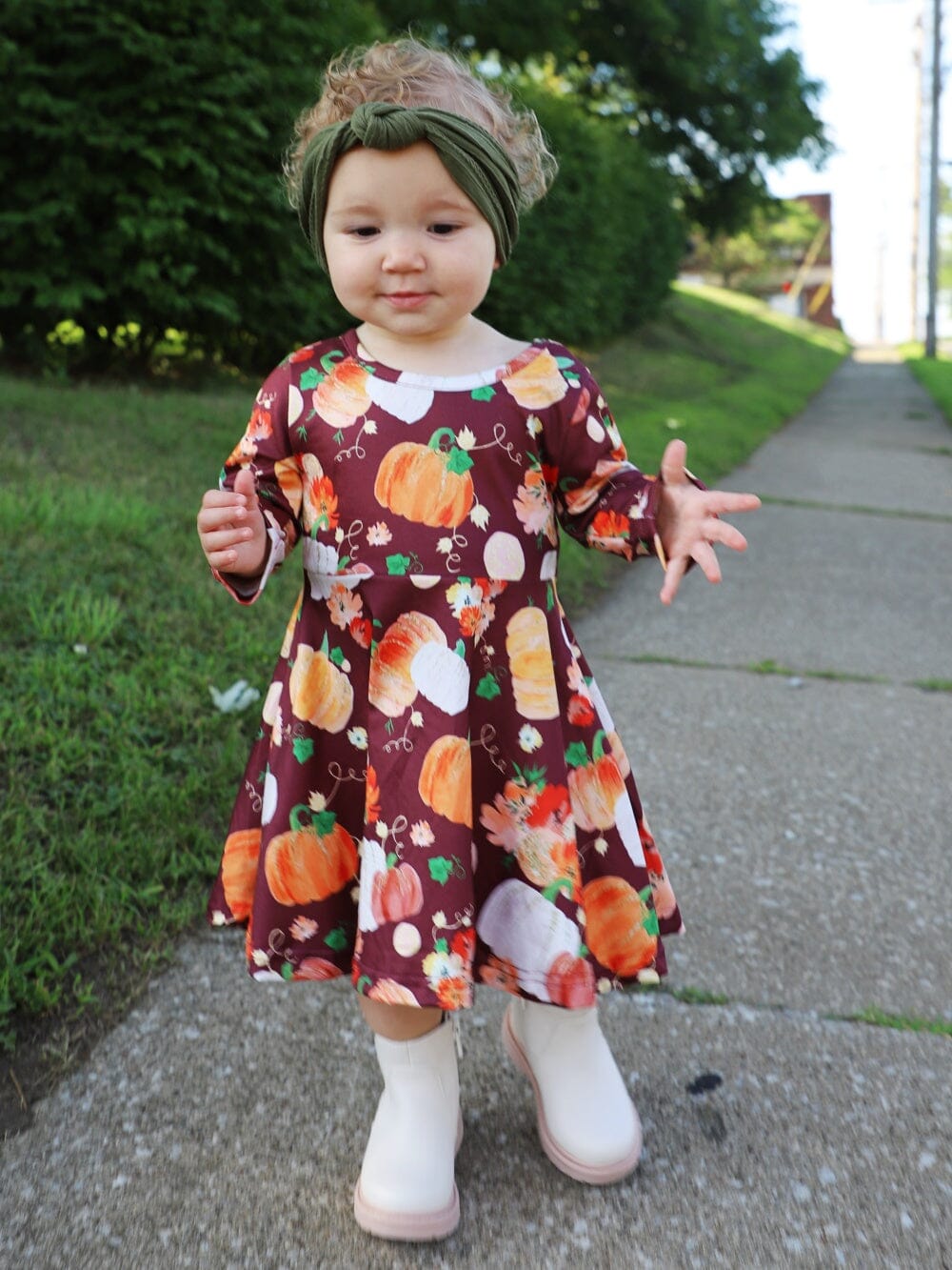 Pumpkins Please Burgundy Long Sleeve Girls Fall Skater Dress - Sydney So Sweet