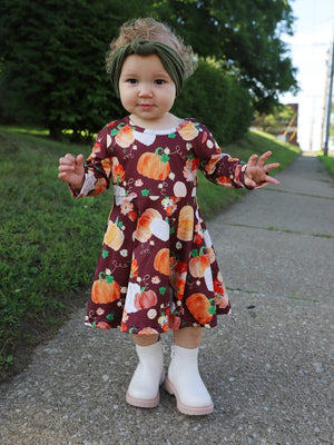 Pumpkins Please Burgundy Long Sleeve Girls Fall Skater Dress - Sydney So Sweet