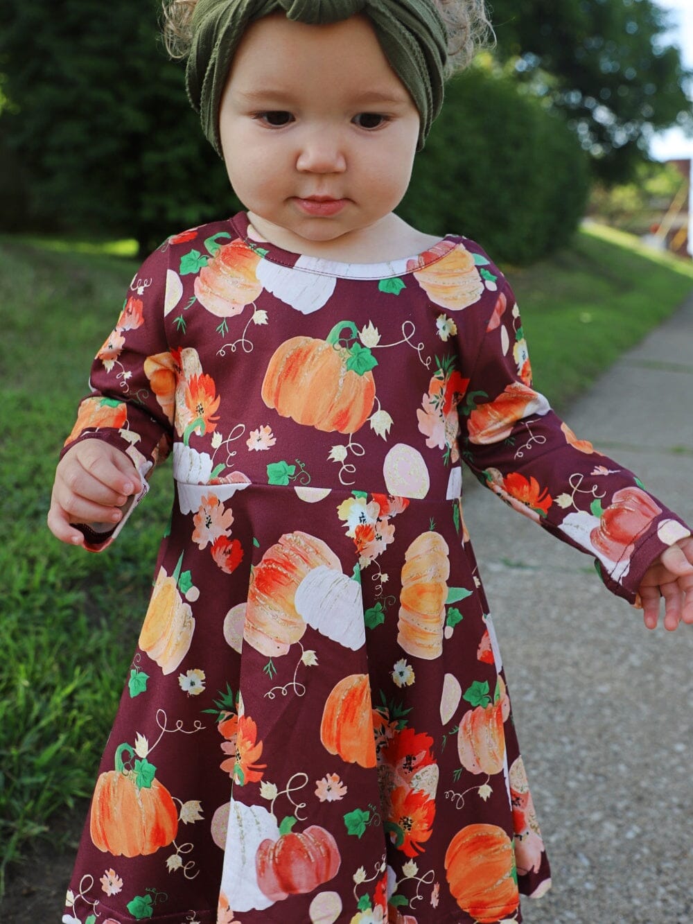 Pumpkins Please Burgundy Long Sleeve Girls Fall Skater Dress - Sydney So Sweet