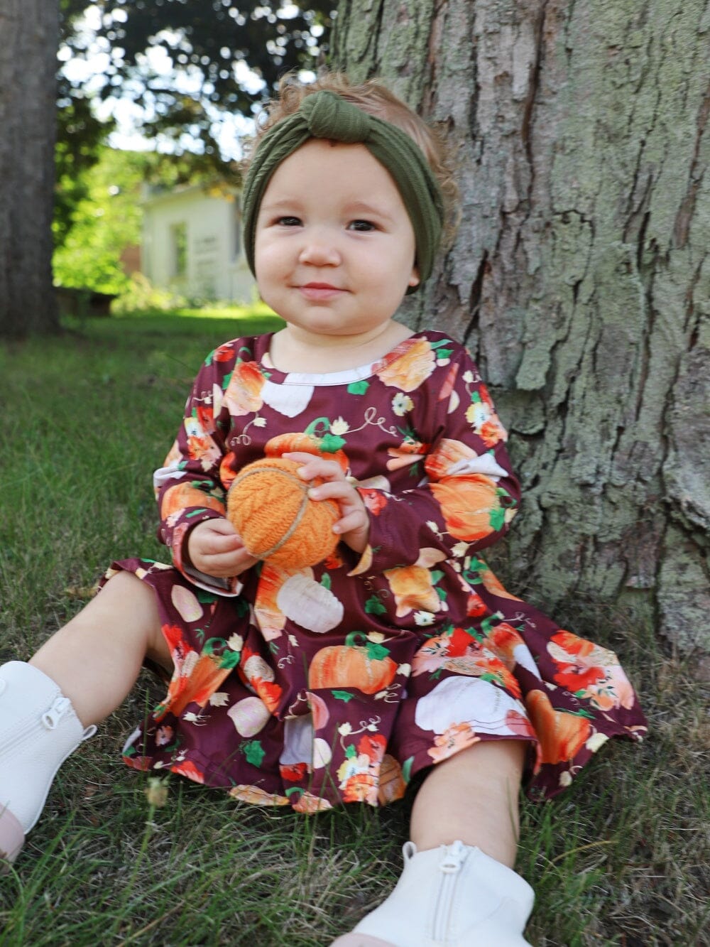 Pumpkins Please Burgundy Long Sleeve Girls Fall Skater Dress - Sydney So Sweet