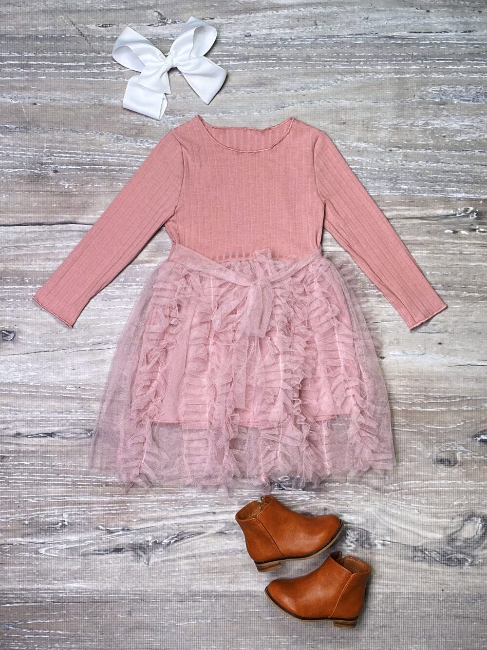 Mauve Pink Ribbed Knit Frill Chiffon Girls Boutique Dress - Sydney So Sweet