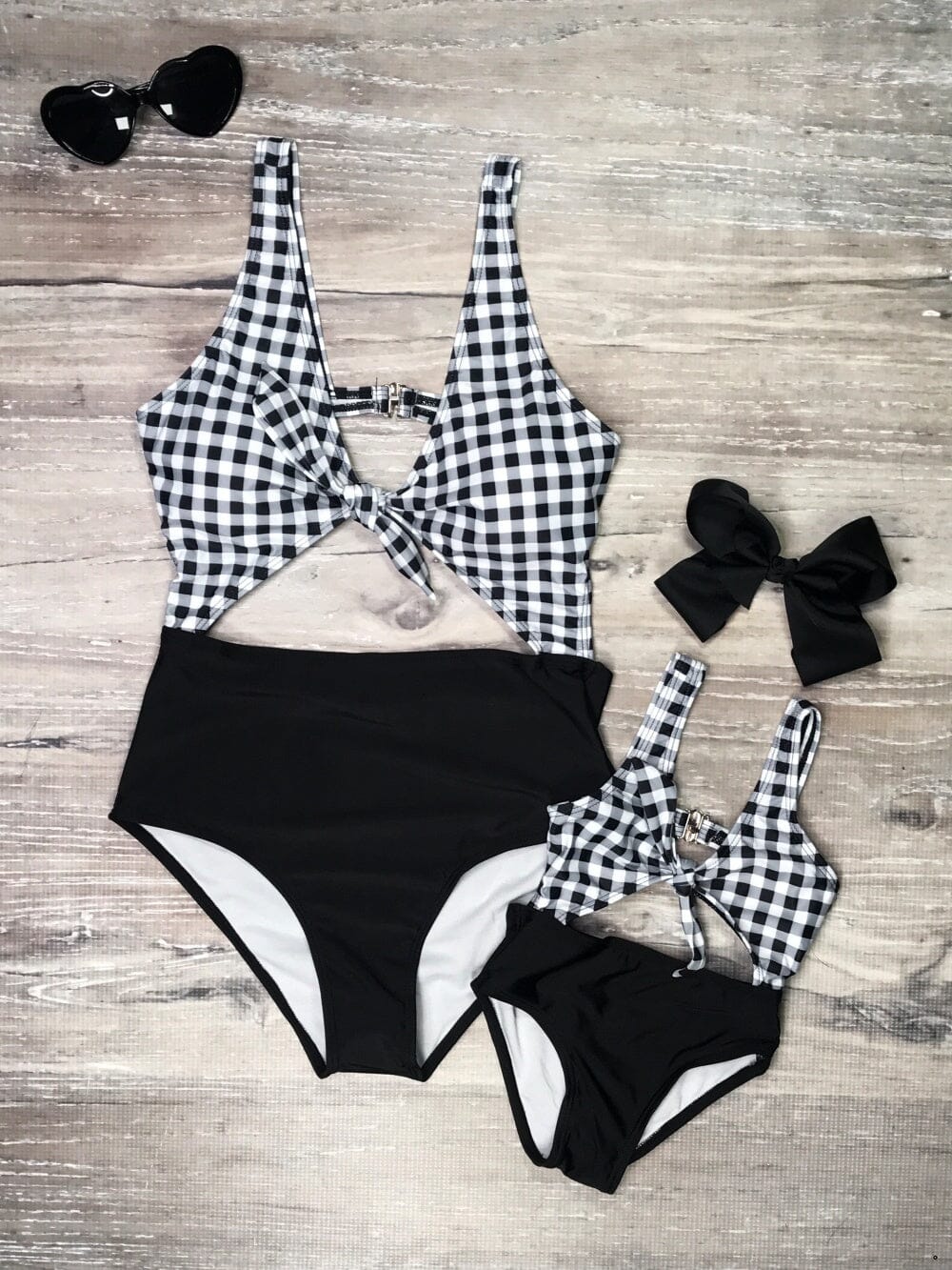 Mommy and Me Swimsuits - Black & White Gingham Cutout Matching One Piece