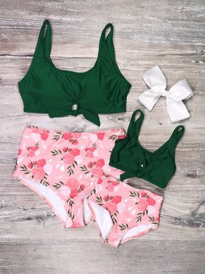 Mommy and Me Swimsuits - Pink Garden Green Floral Tie Knot Two Piece Bikini - Sydney So Sweet