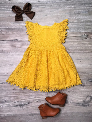 Mustard Yellow Lace Pom Pom Girls Special Occasion Dress - Sydney So Sweet