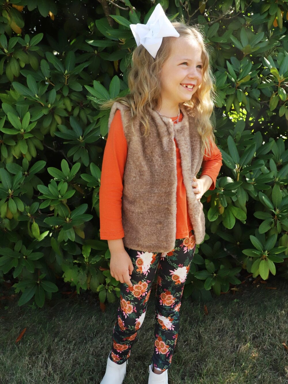 Rust Rose Floral Vintage Fur Vest Girls Three Piece Outfit - Sydney So Sweet