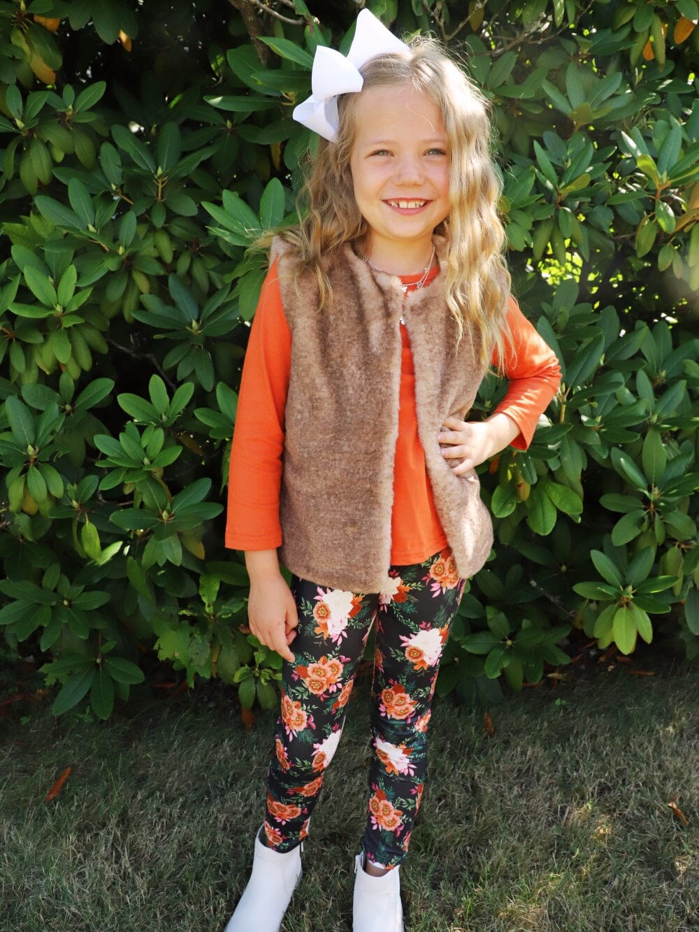 Rust Rose Floral Vintage Fur Vest Girls Three Piece Outfit