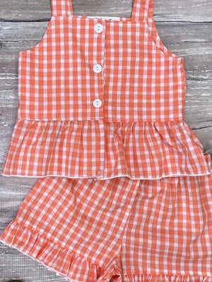 Orange & White Classic Gingham Ruffle Girls Shorts Outfit - Sydney So Sweet